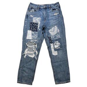 American Eagle Outfitters Women's Straight Leg Patchwork Distressed Blue Jeans